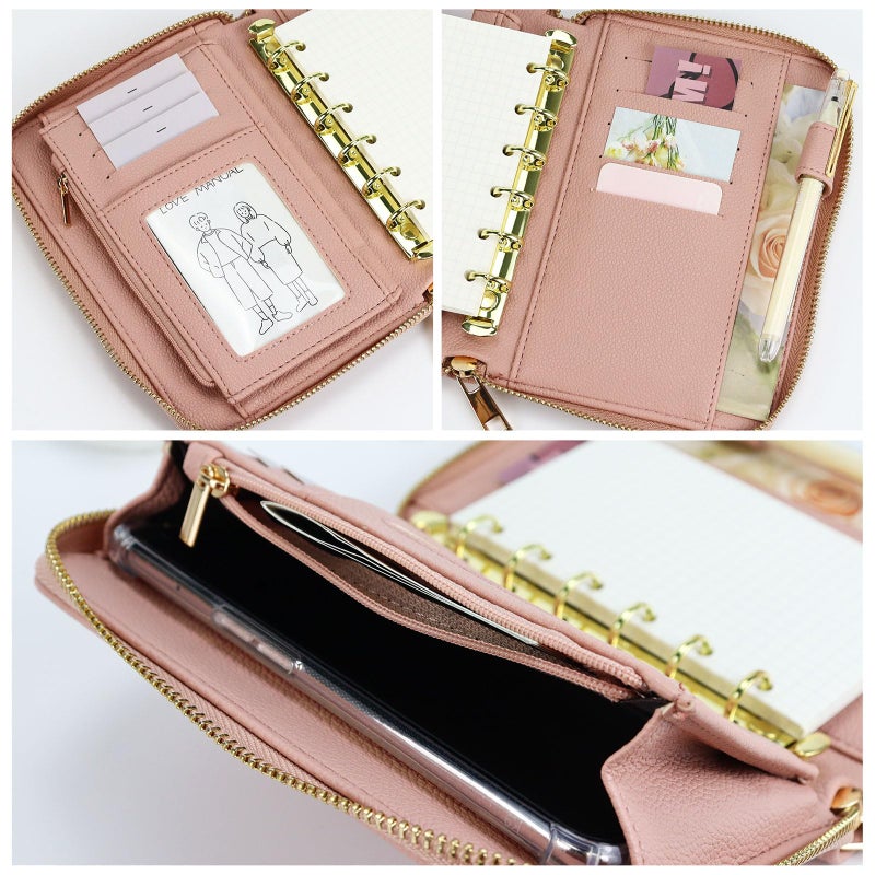 MultiBey A7 Leather Budget Binder Cash Envelopes System Wallet Budget Planner PU Leather Cover Notebook with Zipper 6 Rings Refillable Money Wallet Organizer for Cash Budgeting and Saving (Only Binder-Pink) - Image 3