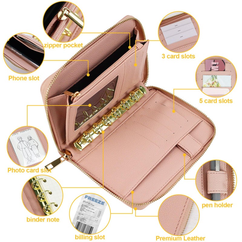 MultiBey A7 Leather Budget Binder Cash Envelopes System Wallet Budget Planner PU Leather Cover Notebook with Zipper 6 Rings Refillable Money Wallet Organizer for Cash Budgeting and Saving (Only Binder-Pink) - Image 2