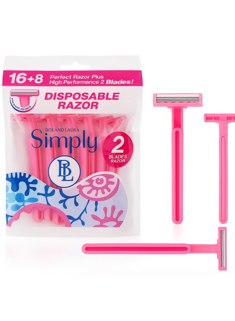 BOLAND LAURA Box of 24 Women Pink Razor simply Blades Disposable Stainless Steel High End Twin Blade Razors - Image 1