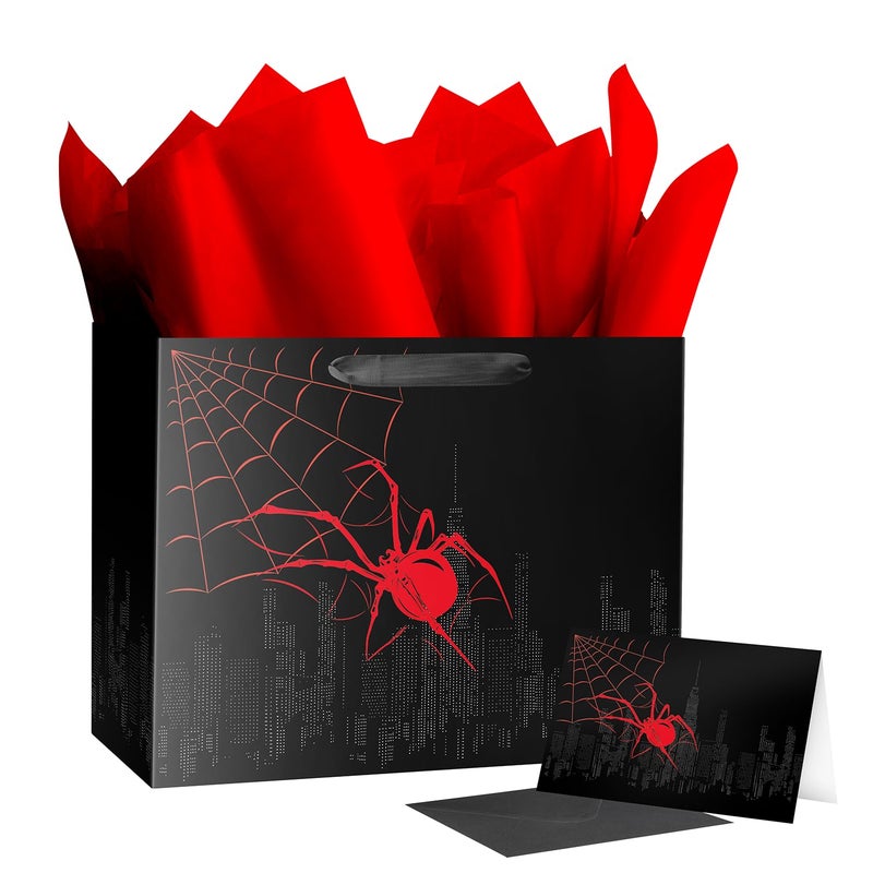 Linelglobal Spider Gift Bag With Tissue Paper Black Red Design For Boy Birthday Party Spider Theme Halloween Web Decoration - Image 1