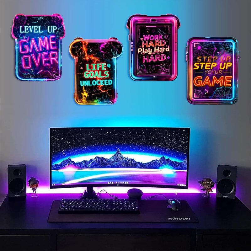 kokolap 4PCS Gaming Wall Decor for Boy Room Video Game Walls Art Decor Wood Gamer Room Hanging Sign Neon Game Controller Wall Art Print Inspirational Quote Hanging Plaque for Teenage Playroom - Image 1