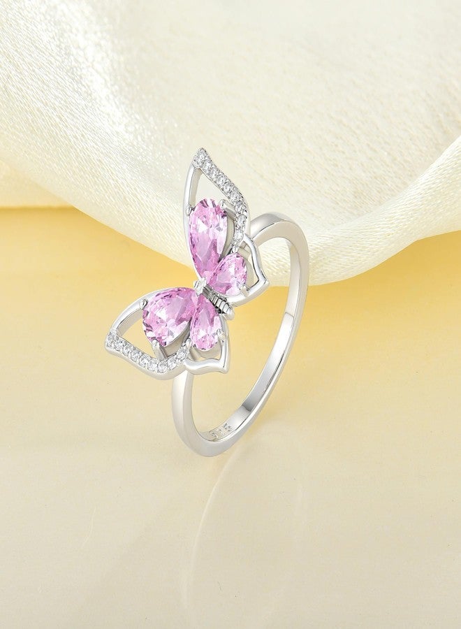 YL Butterfly Rings 925 Sterling Silver Simple Ring Created Pink Tourmaline Statement Rings for Women-size5 - Image 5