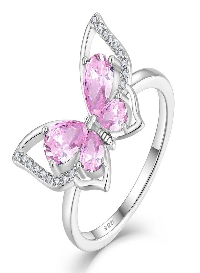 YL Butterfly Rings 925 Sterling Silver Simple Ring Created Pink Tourmaline Statement Rings for Women-size5 - Image 1