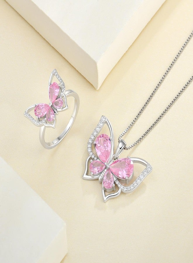 YL Butterfly Rings 925 Sterling Silver Simple Ring Created Pink Tourmaline Statement Rings for Women-size5 - Image 4