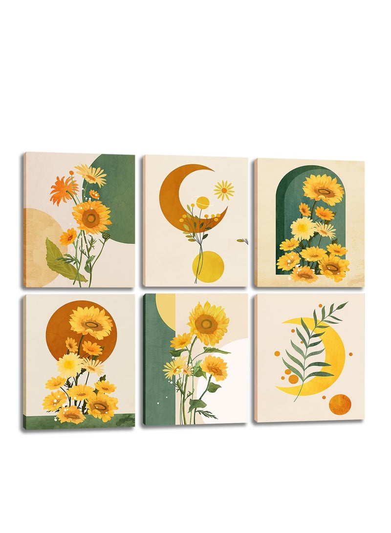 Excefore Boho Sunflower Wall Art,A set of 6 panels featuring yellow moon and sun designs, for adding a bohemian and minimalist touch to your home decor.  for bedroom, bathroom, or living room.  (8x10inch) - Image 1