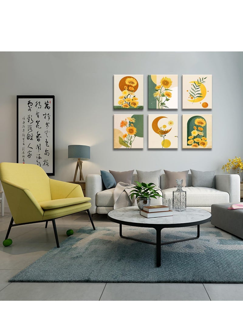 Excefore Boho Sunflower Wall Art,A set of 6 panels featuring yellow moon and sun designs, for adding a bohemian and minimalist touch to your home decor.  for bedroom, bathroom, or living room.  (8x10inch) - Image 2