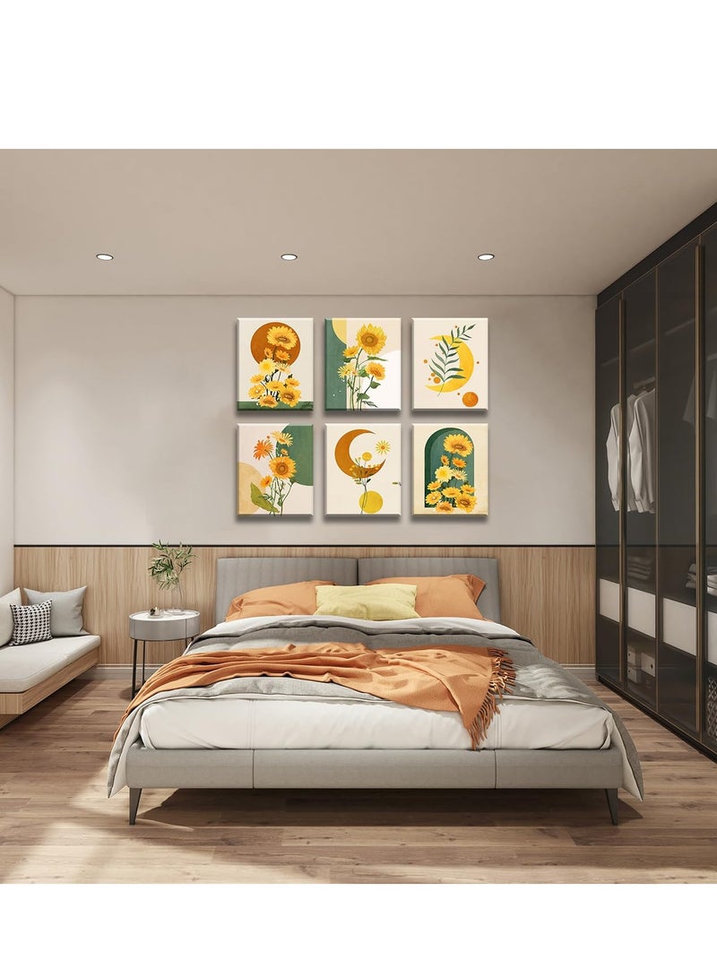 Excefore Boho Sunflower Wall Art,A set of 6 panels featuring yellow moon and sun designs, for adding a bohemian and minimalist touch to your home decor.  for bedroom, bathroom, or living room.  (8x10inch) - Image 4
