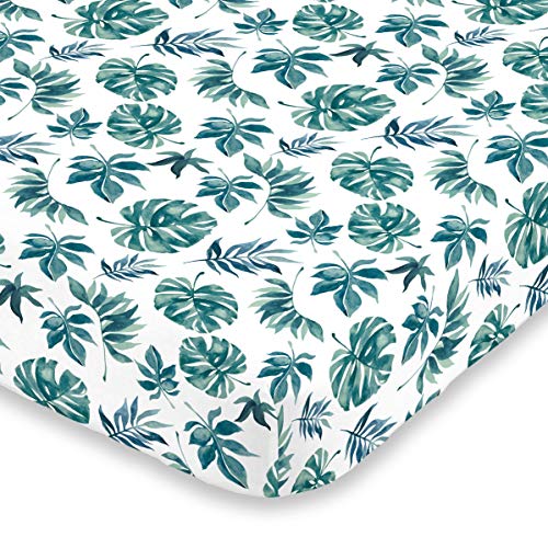 NoJo Super Soft Green White Palm Leaf Nursery Mini Crib Fitted Sheet Green White - Image 1