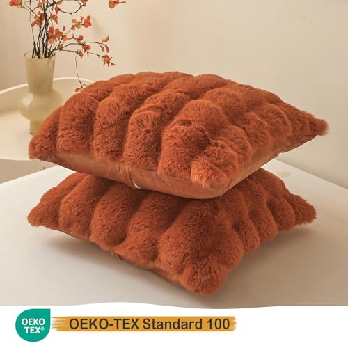 LIFEREVO 2 Pieces Fluffy Faux Rabbit Fur Throw Pillow Covers, Luxury Plush Shaggy 18x18 Bubble Cushion Covers with Zipper, Decorative Furry Fuzzy Pillow Shams for Bed Couch Sofa Chair, Burnt Orange - Image 3