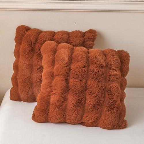 LIFEREVO 2 Pieces Fluffy Faux Rabbit Fur Throw Pillow Covers, Luxury Plush Shaggy 18x18 Bubble Cushion Covers with Zipper, Decorative Furry Fuzzy Pillow Shams for Bed Couch Sofa Chair, Burnt Orange - Image 1