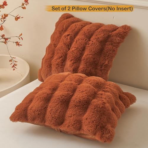 LIFEREVO 2 Pieces Fluffy Faux Rabbit Fur Throw Pillow Covers, Luxury Plush Shaggy 18x18 Bubble Cushion Covers with Zipper, Decorative Furry Fuzzy Pillow Shams for Bed Couch Sofa Chair, Burnt Orange - Image 2