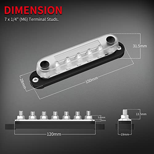DAIERTEK Battery Bus Bar 12V Marine 7 x 1/4" (M6) Power Distribution Block with Cover 12V - 48V Positive & Negative Busbar Terminal Block for Automotive Car Boat - Image 2