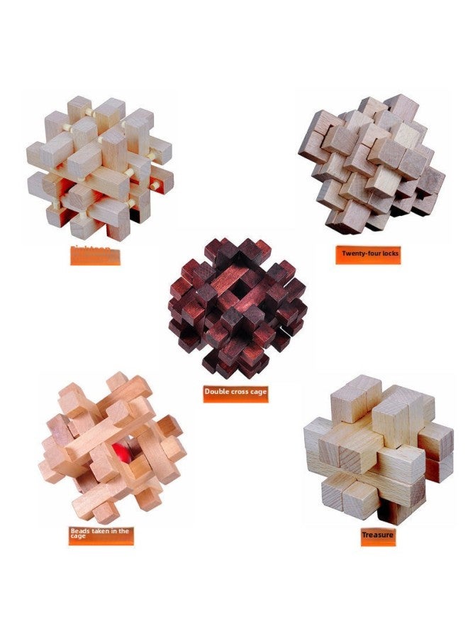 Luban Lock Children Kong Ming Lock Nine Chain Beneficial Intelligence Development For Boys And Girls Adult Assembled Toy Gifts-Color:[Advanced] Five-piece Set Of Lotus Wood  - Image 1