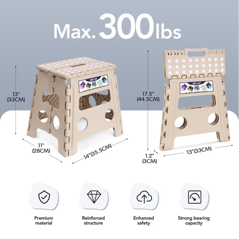 Delxo Office Step Stool, 13 inch Non-Slip Foldable Stools for Adults Up to 300 LBS, Step Stool with Handle, Lightweight for Kitchen, Bathroom, Bedroom, Office, Khaki, 1PC - Image 2