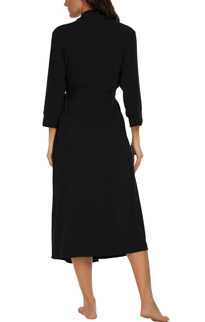 VINTATRE VINTATRE Women Kimono Robes Long Knit Bathrobe Lightweight Soft Knit Sleepwear V-neck Casual Ladies Loungewear Black-Medium  - Image 5