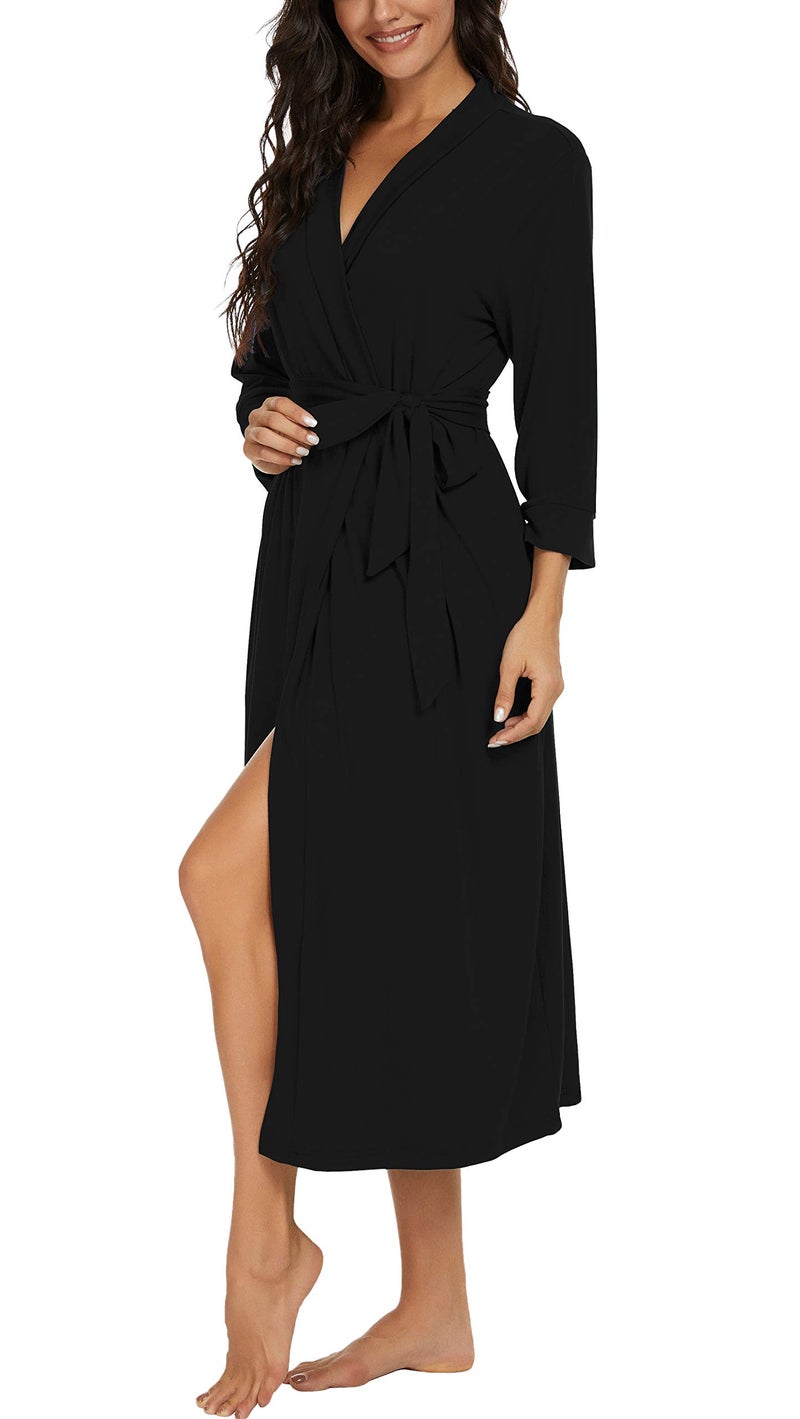 VINTATRE VINTATRE Women Kimono Robes Long Knit Bathrobe Lightweight Soft Knit Sleepwear V-neck Casual Ladies Loungewear Black-Medium  - Image 4