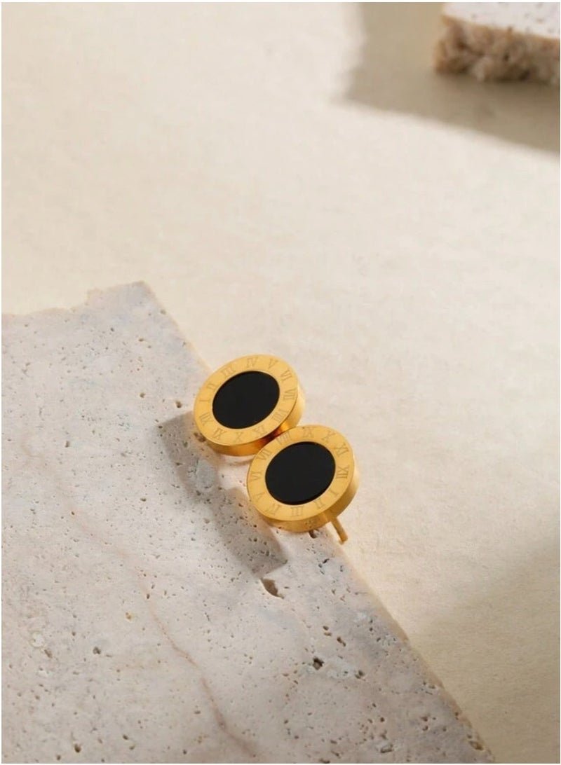 3-Piece Jewelry Set: Round Black Pendant Necklace and Earrings with Roman Numeral Engraving - Elegant & Timeless Design - Image 3