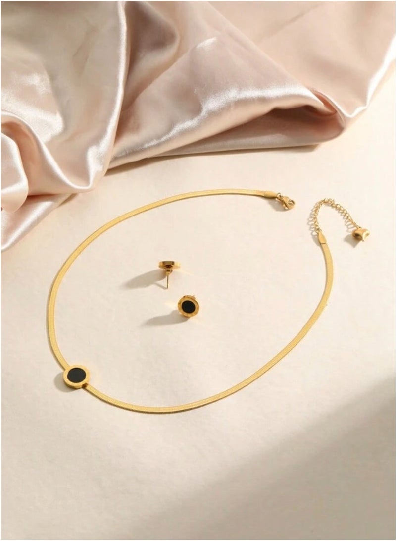 3-Piece Jewelry Set: Round Black Pendant Necklace and Earrings with Roman Numeral Engraving - Elegant & Timeless Design - Image 4