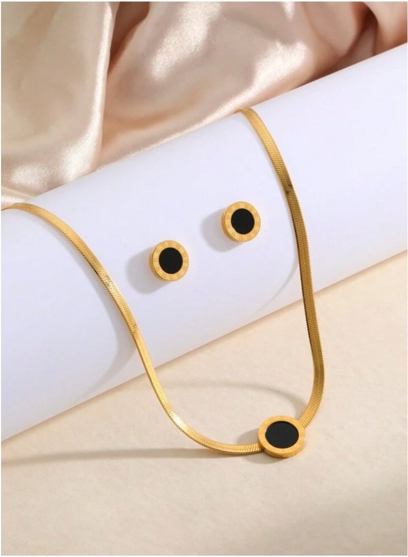 3-Piece Jewelry Set: Round Black Pendant Necklace and Earrings with Roman Numeral Engraving - Elegant & Timeless Design - Image 2