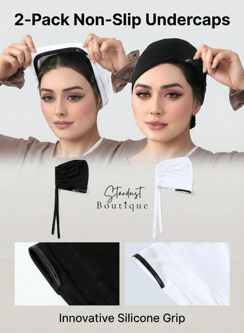ستاردست بوتيك طقم قبعات حجاب داخلية مانعة للانزلاق من قطعتين - شريط سيليكون لتثبيت الجبهة، خامة خفيفة، أسود وأبيض - مجموعة الأساسيات اليومية (The Everyday Basics) - Image 1