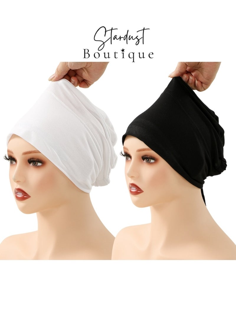 ستاردست بوتيك طقم قبعات حجاب داخلية مانعة للانزلاق من قطعتين - شريط سيليكون لتثبيت الجبهة، خامة خفيفة، أسود وأبيض - مجموعة الأساسيات اليومية (The Everyday Basics) - Image 2