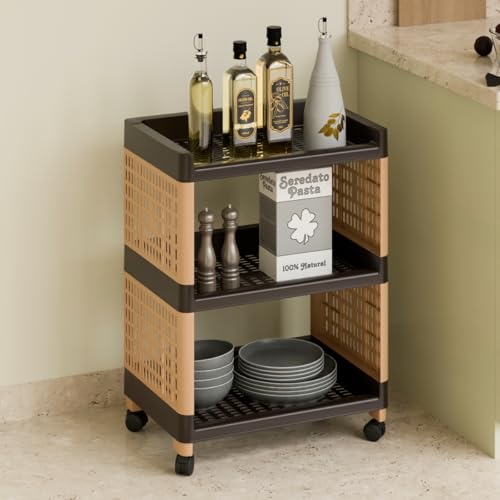 FOROLY Multipurpose 3 Tier Storage Rack with Wheels | Bathroom Kitchen Organizer Shelf | Rolling Utility Trolley for Home, Laundry, Office & Living Room | Heavy Duty Plastic Rack (Brown) - Image 1