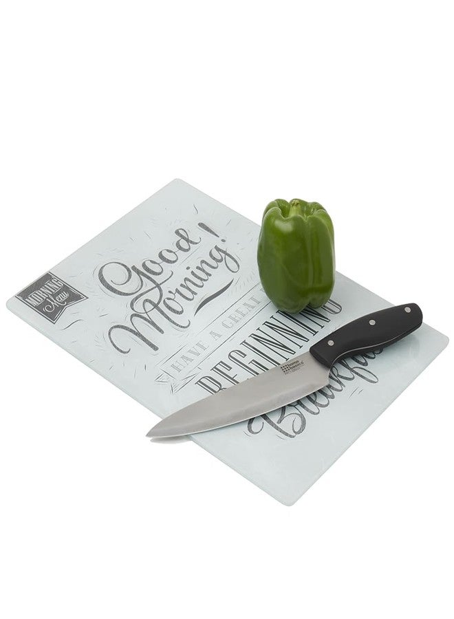 Home Basics Good Morning Graphic Words Tempered Glass Cutting Board, Light Blue by Home Basics - Image 1