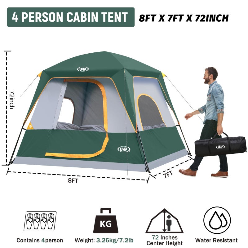 UNP 4-Person Tent, Portable Cabin Tent, Camping Tent 4-Person Easy Set Up, Waterproof with Top Rainfly for Outdoor Camping/Hiking (Dark Green) - Image 2