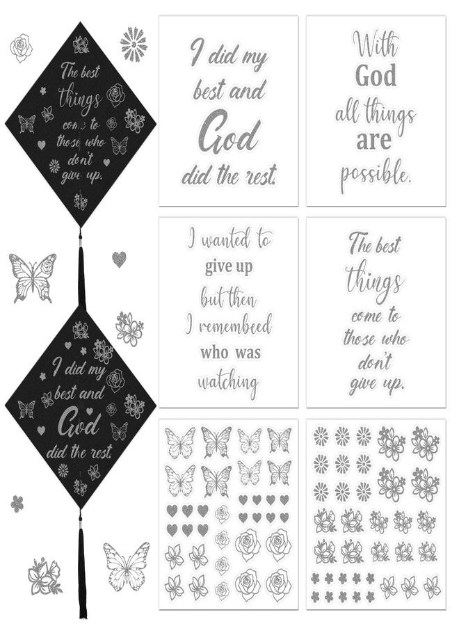 AFRITEE Graduation Cap Decoration, 12 Pcs 2026 Graduation Cap Topper Decoration with Glitter Stickers, English Butterfly Flower Sticker DIY Grad Gift Party Supplies (White) - Image 1