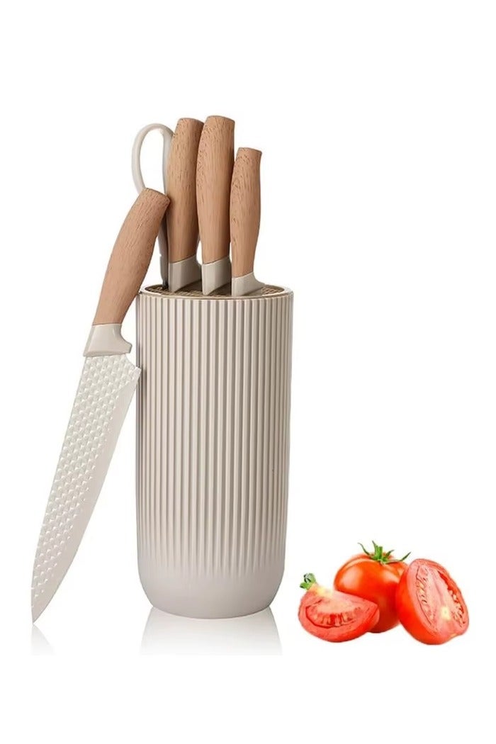 موش طقم سكاكين للمطبخ، مكون من 6 قطع باللون الكاكي، طقم سكاكين حاد غير لاصق وغير قابل للانزلاق من الفولاذ المقاوم للصدأ مع حامل سكاكين عالمي، مناسب للاستخدام في المنزل والمطاعم (كاكي). - Image 1