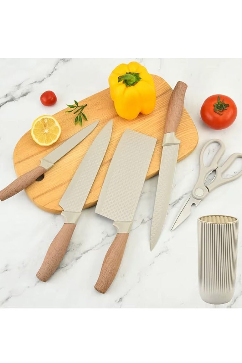 موش طقم سكاكين للمطبخ، مكون من 6 قطع باللون الكاكي، طقم سكاكين حاد غير لاصق وغير قابل للانزلاق من الفولاذ المقاوم للصدأ مع حامل سكاكين عالمي، مناسب للاستخدام في المنزل والمطاعم (كاكي). - Image 2