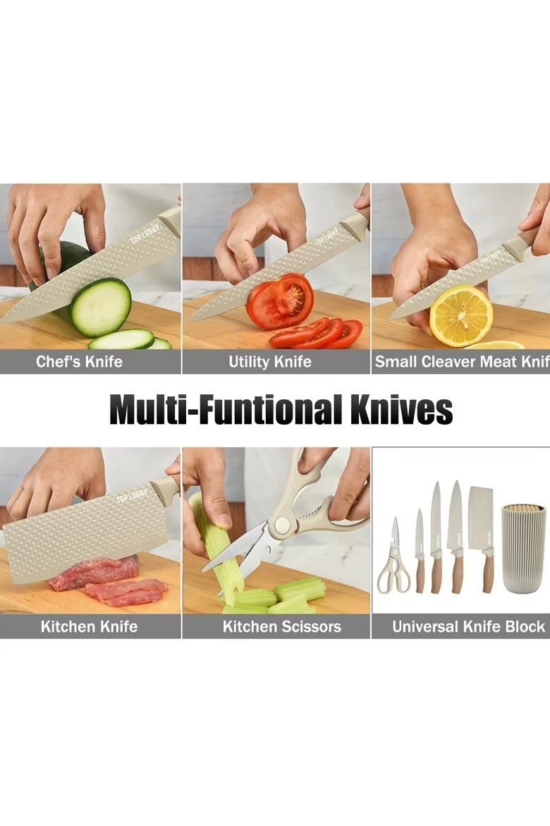 موش طقم سكاكين للمطبخ، مكون من 6 قطع باللون الكاكي، طقم سكاكين حاد غير لاصق وغير قابل للانزلاق من الفولاذ المقاوم للصدأ مع حامل سكاكين عالمي، مناسب للاستخدام في المنزل والمطاعم (كاكي). - Image 4