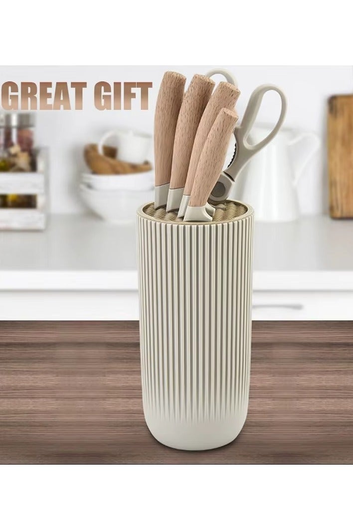 موش طقم سكاكين للمطبخ، مكون من 6 قطع باللون الكاكي، طقم سكاكين حاد غير لاصق وغير قابل للانزلاق من الفولاذ المقاوم للصدأ مع حامل سكاكين عالمي، مناسب للاستخدام في المنزل والمطاعم (كاكي). - Image 5