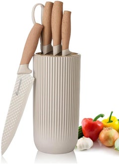 MOSH Kitchen Knife Set, 6-Pieces Khaki Sharp Knife Set for Kitchen, Non-stick Non-slip Stainless Steel Chef Knife Set with Universal Knife Block Suitable for Home Restaurant (Khaki)  - Image 1