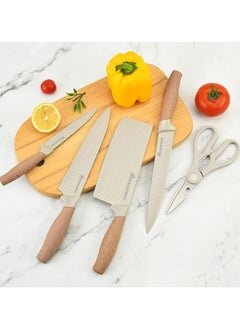 MOSH Kitchen Knife Set, 6-Pieces Khaki Sharp Knife Set for Kitchen, Non-stick Non-slip Stainless Steel Chef Knife Set with Universal Knife Block Suitable for Home Restaurant (Khaki)  - Image 2