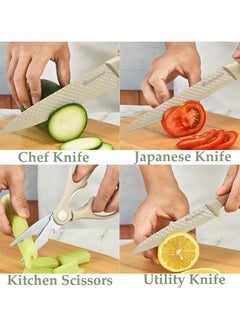 MOSH Kitchen Knife Set, 6-Pieces Khaki Sharp Knife Set for Kitchen, Non-stick Non-slip Stainless Steel Chef Knife Set with Universal Knife Block Suitable for Home Restaurant (Khaki)  - Image 4