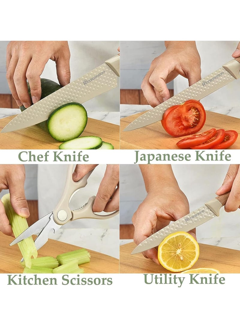 MOSH Kitchen Knife Set, 6-Pieces Khaki Sharp Knife Set for Kitchen, Non-stick Non-slip Stainless Steel Chef Knife Set with Universal Knife Block Suitable for Home Restaurant (Khaki) - Image 4