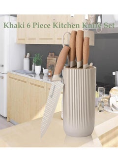MOSH Kitchen Knife Set, 6-Pieces Khaki Sharp Knife Set for Kitchen, Non-stick Non-slip Stainless Steel Chef Knife Set with Universal Knife Block Suitable for Home Restaurant (Khaki)  - Image 5