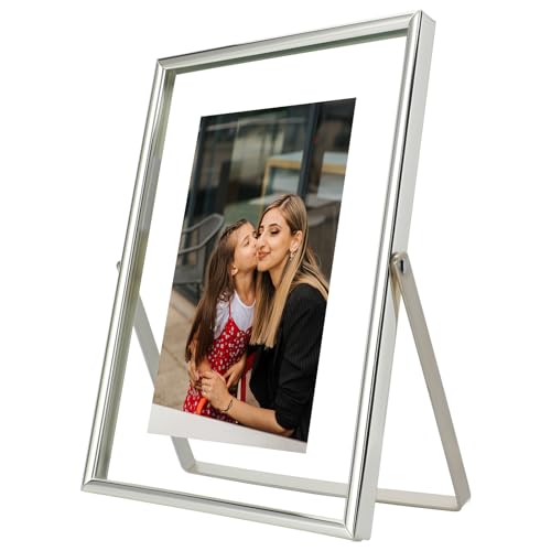 AhaGo Silver Floating Frame (5"x7", Vertical), For Picture 4x6, 3.5x5, 2x3, Small Desktop Photo Frame, Classy Gift For Festival, Wedding, Home or Office Décor - Image 1