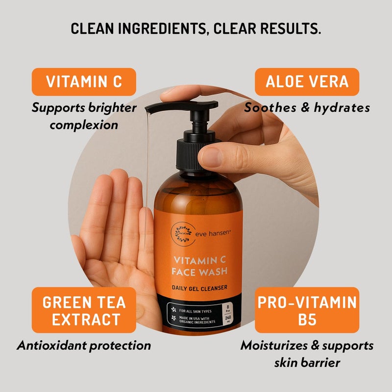 Eve Hansen Vitamin C Cleanser Face Wash - HUGE 8 oz Gentle Facial Cleansing Gel for Uneven Skin Tone, Age Spots and Fine Lines - Natural Face Soap with Aloe Vera, Green Tea, Ginseng - Image 3