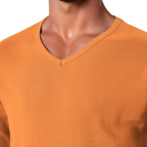 GIVON Men’s Slim Fit V-Neck Long Sleeve T-Shirt – 100% Cotton Ribbed Knit – Midweight Base Layer or Standalone Top / DCP053-ORANGE-XL - Image 4