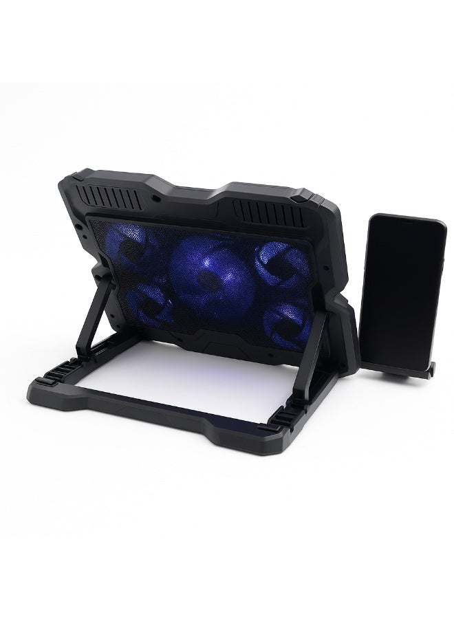 جيجاماكس لوحة تبريد للكمبيوتر المحمول - 5 مراوح (1 × 120 مم، 4 × 80 مم) - مع حامل هاتف - مروحة صامتة - طاقة USB - Gigamax gm90 - Image 2