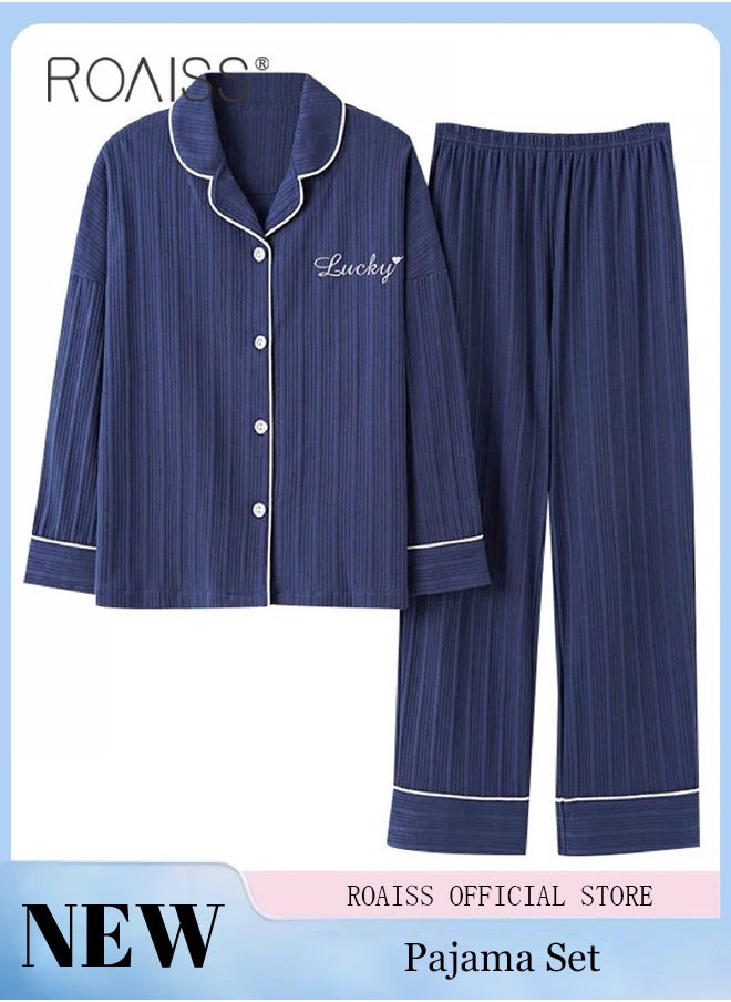 roaiss 2-Piece Set Of Unisex Pajamas Pure Cotton Long Sleeved Pants For Couples' Home Wear Fashion Casual Family Set  - Image 1