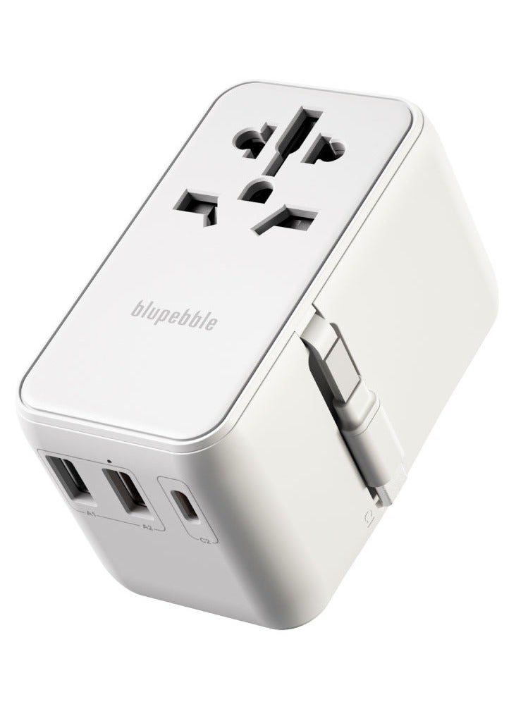 blupebble محول السفر العالمي Passport 6 GaN III 70W | شاحن سريع USB-C PD و Dual USB-A مع كابل قابل للسحب | قابس عالمي لـ EU/UK/US/AU - Image 1