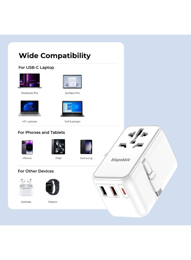 blupebble محول السفر العالمي Passport 6 GaN III 70W | شاحن سريع USB-C PD و Dual USB-A مع كابل قابل للسحب | قابس عالمي لـ EU/UK/US/AU - Image 2