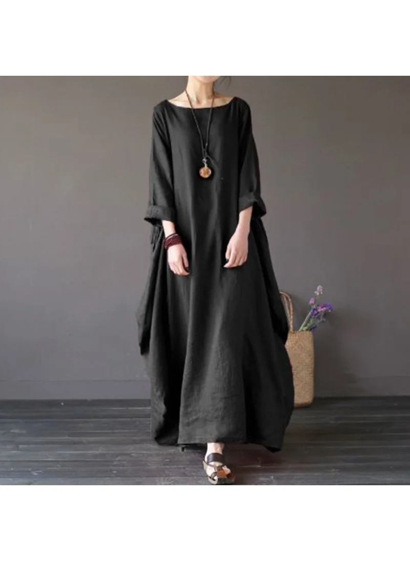 Barbora Linen Comfortable Spring Casual Poncho Women's Dress LN1040SIYAH6