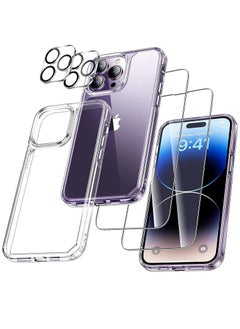 6 in1 iPhone 14 Pro Max Case with 2 Set Lens Protector + 2 Pcs 9H Tempered Glass Screen Protector No Yellowing Full Body Protection Clear Shockproof Protective Case Clearing Kit Free