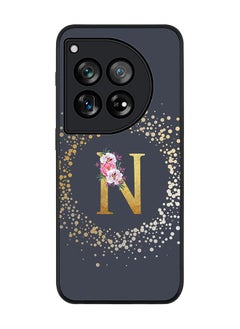 Rugged Black Edge Case for OnePlus 12, Slim fit Case Thin Cover -  Custom Monogram Initial Letter Floral Pattern Alphabet - N  (Grey )