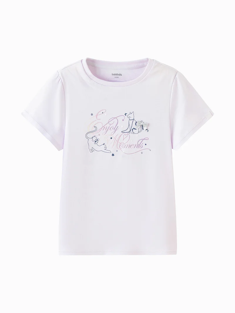 Balabala Kids Girls Round v-neck short-sleeved T-shirt