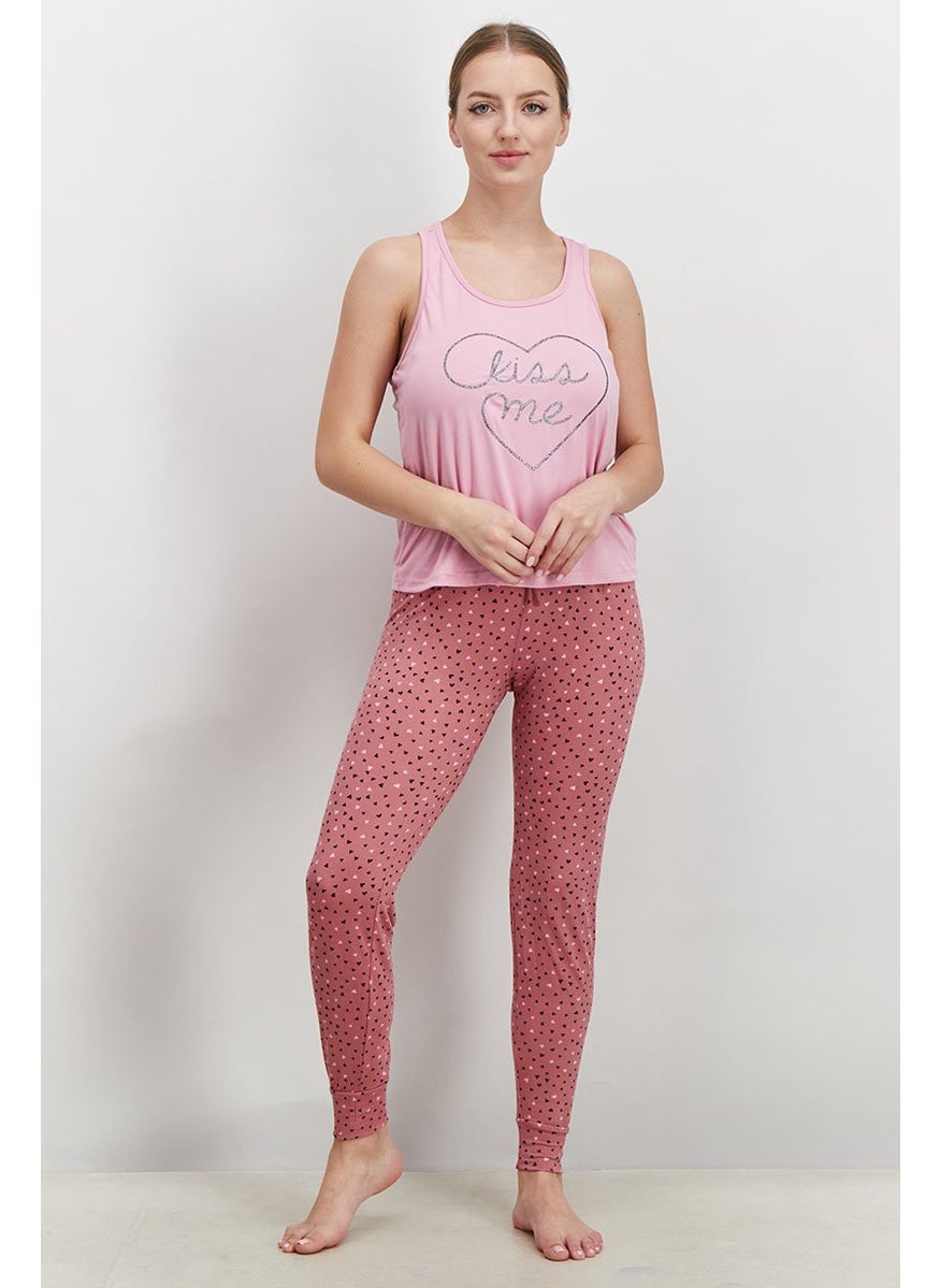 French Affair Women 2 Piece Graphic Top And Pajama Set, Pink Combo  - Image 1